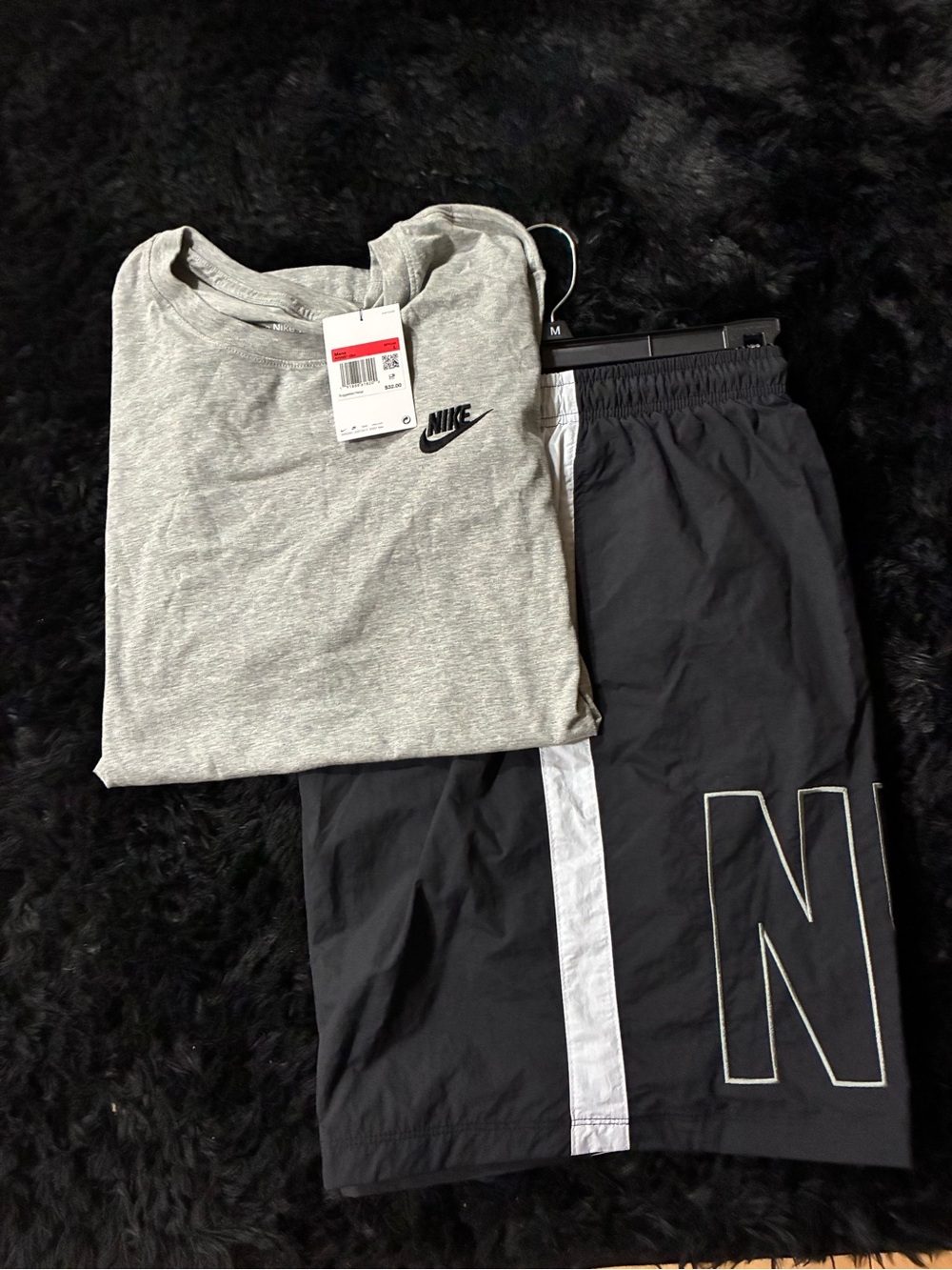 Nike Gray T-Shirt and Black Athletic Shorts with White Stripe